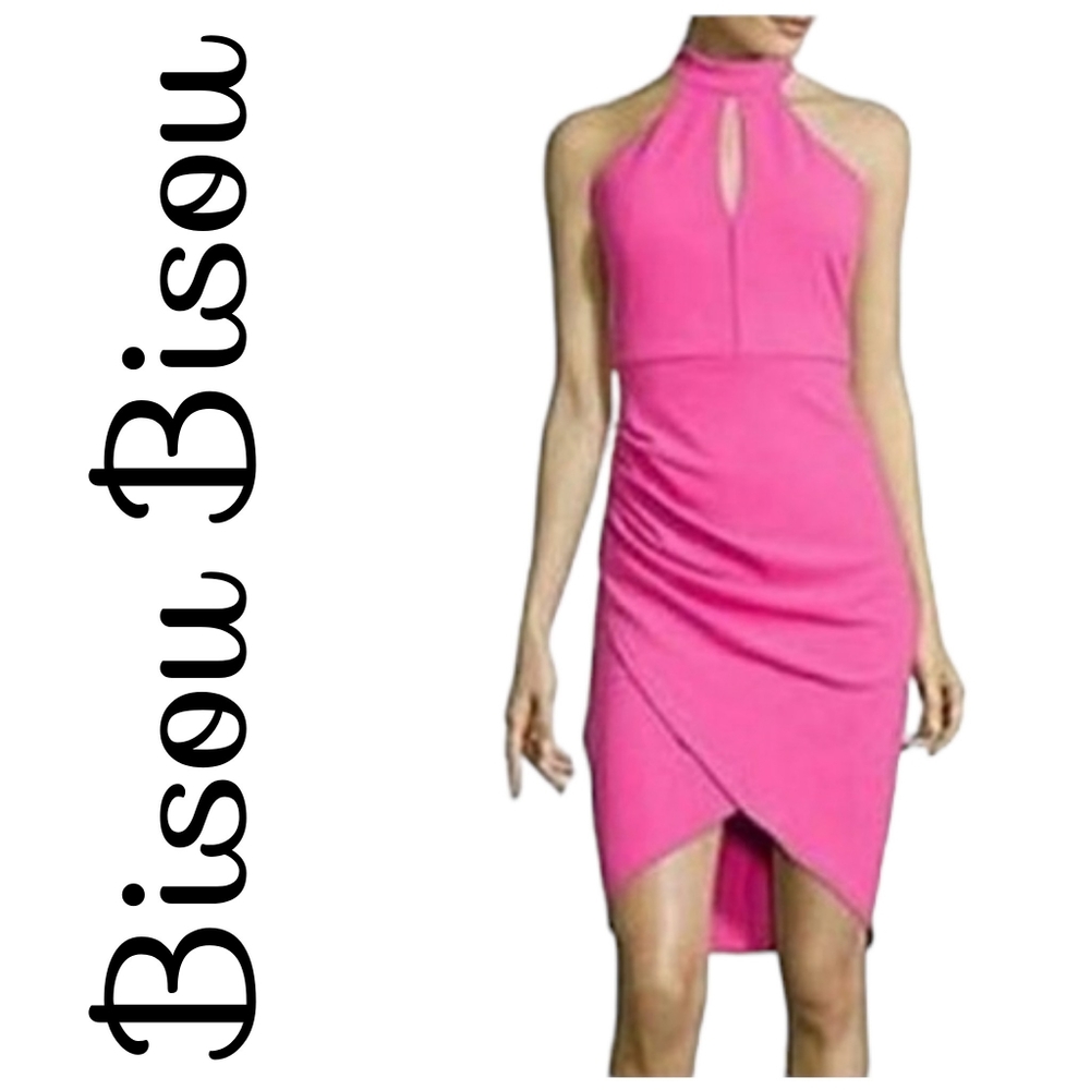 Bisou Bisou Nwt Neon Pink Knit Halter Style Faux Wrap Sleeveless Cocktail Dress